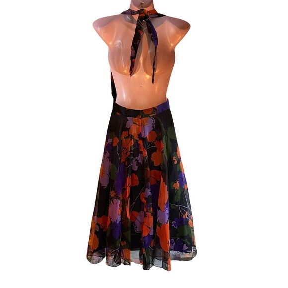 Floral Halter Dress Womens Small Black Orange Purple Plunge Neck Party Cocktail - Picture 4 of 4